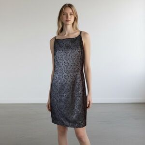 Jones New York Vintage Floral Embroidered Spaghetti Strap Midi Grey Shift Dress